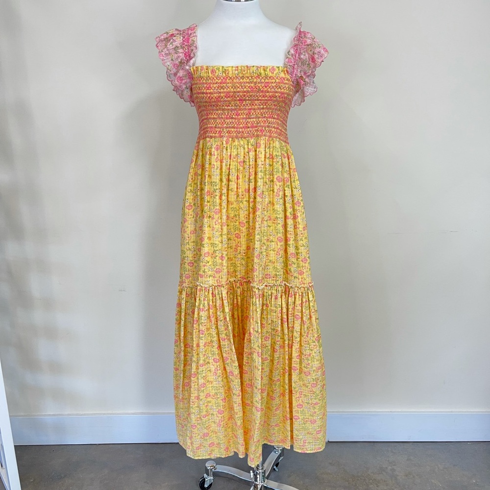 LoveShackFancy Constantine Smocked Cotton Off-The-Shoulder Maxi Dress sz XS